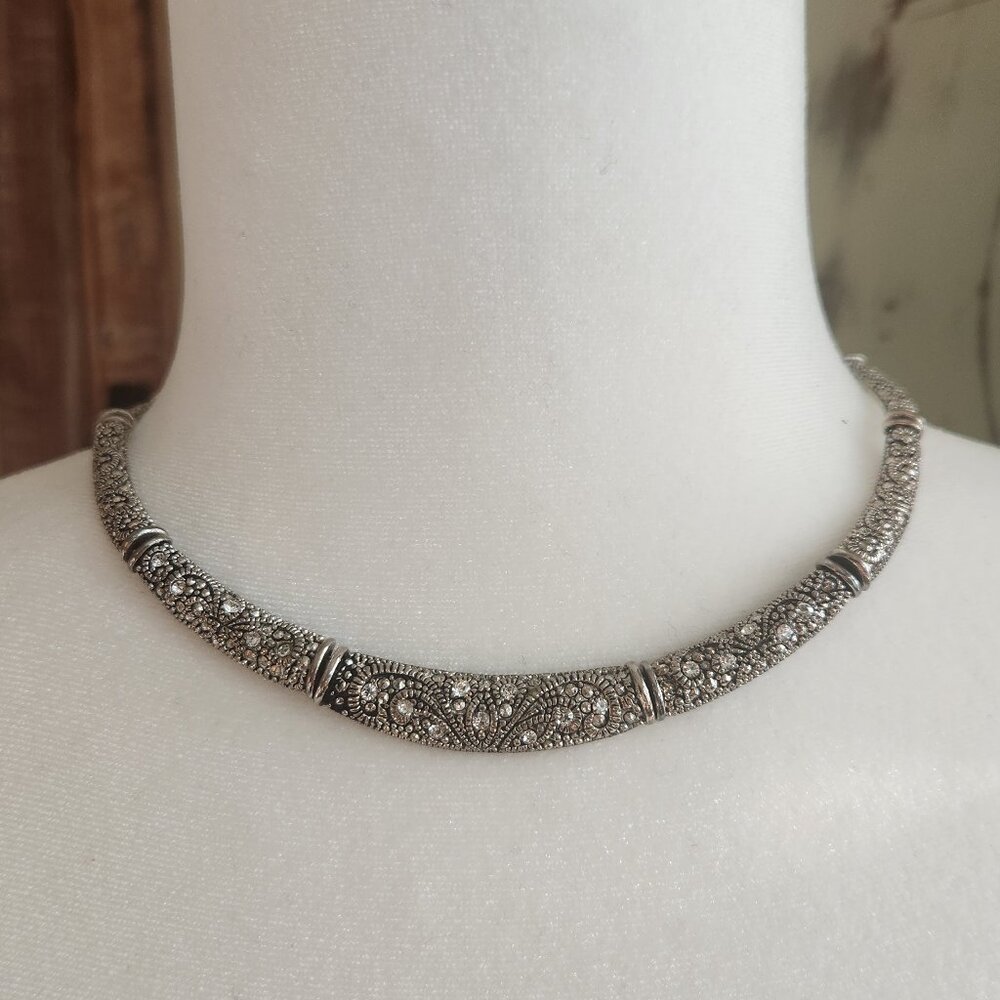 Premier Designs Silver "Marcasite" Choker Necklace 16” Wired Links - Picture 2 of 6